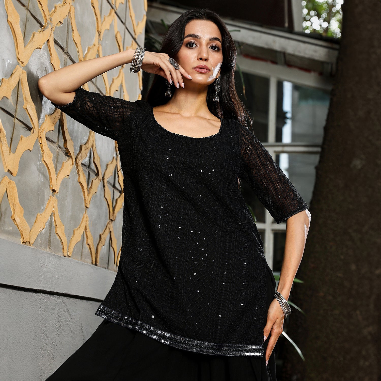 Solid Schiffli Kurti With Palazzo & Dupatta