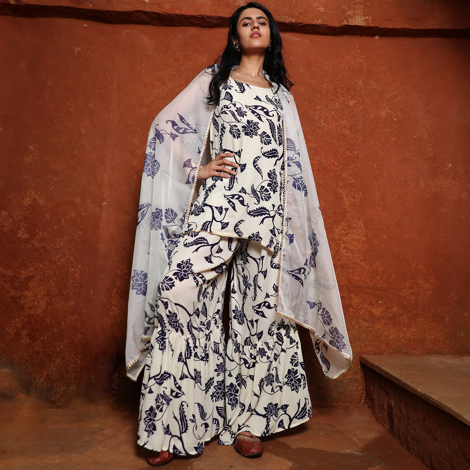 Botanical Kurti And Sharara Set