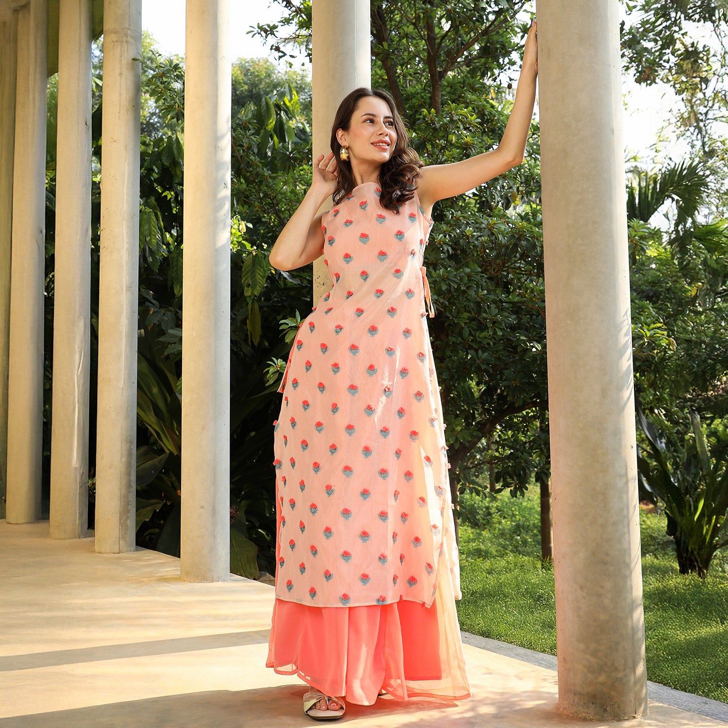 Bloom Motif Kurta With Crop Top And Palazzo