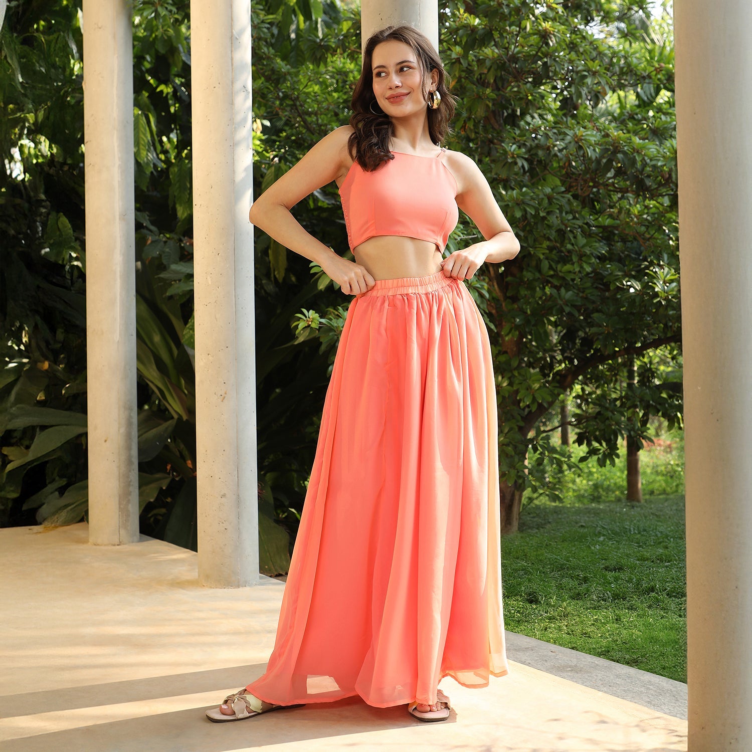 Bloom Motif Kurta With Crop Top And Palazzo