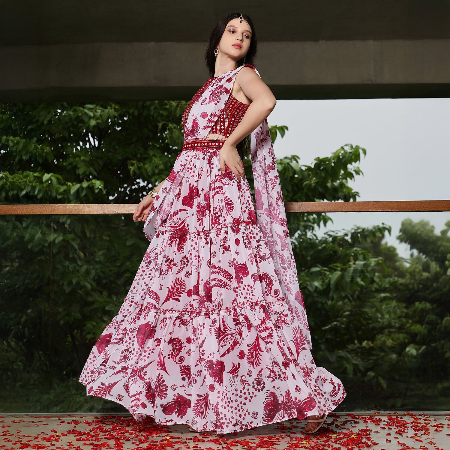 Botanical Mirror-Block Pre-Draped Saree
