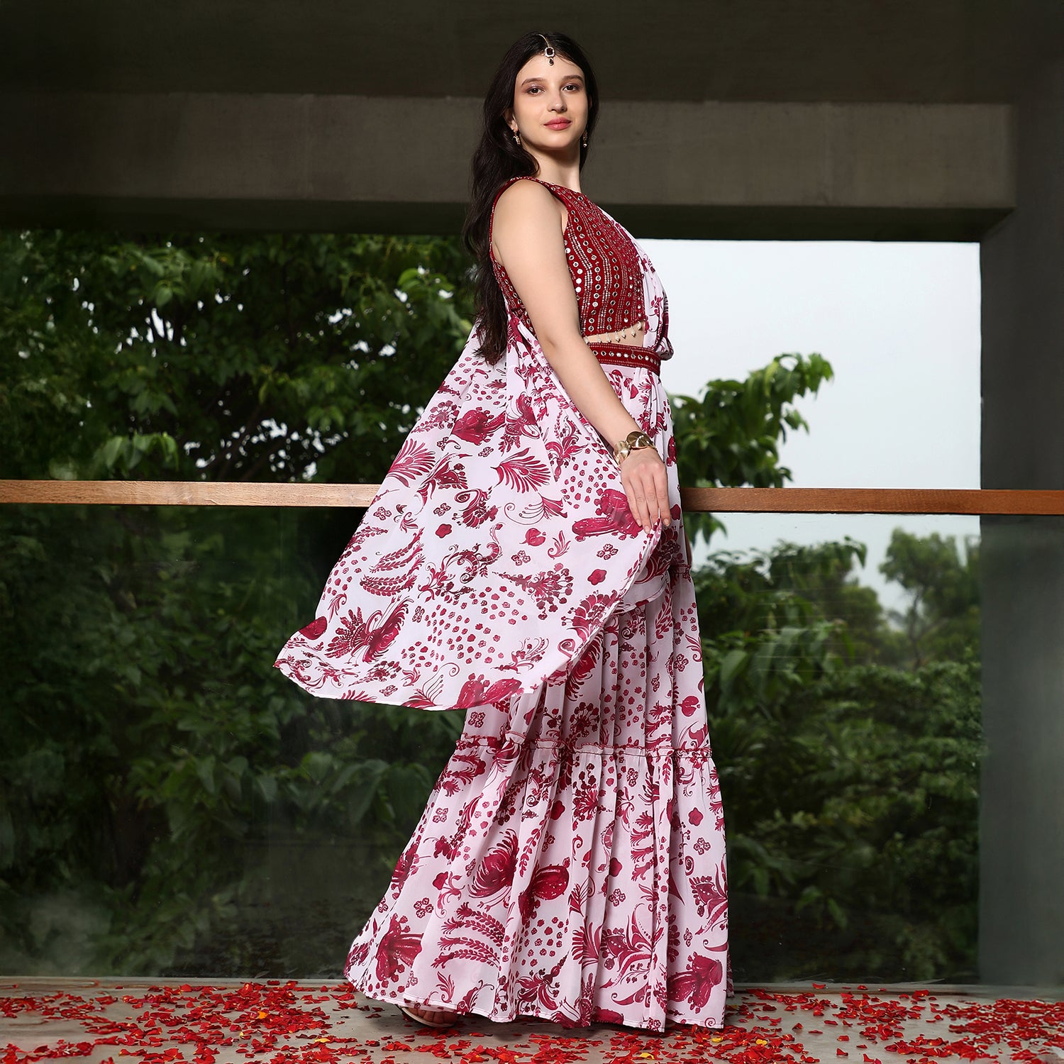 Botanical Mirror-Block Pre-Draped Saree