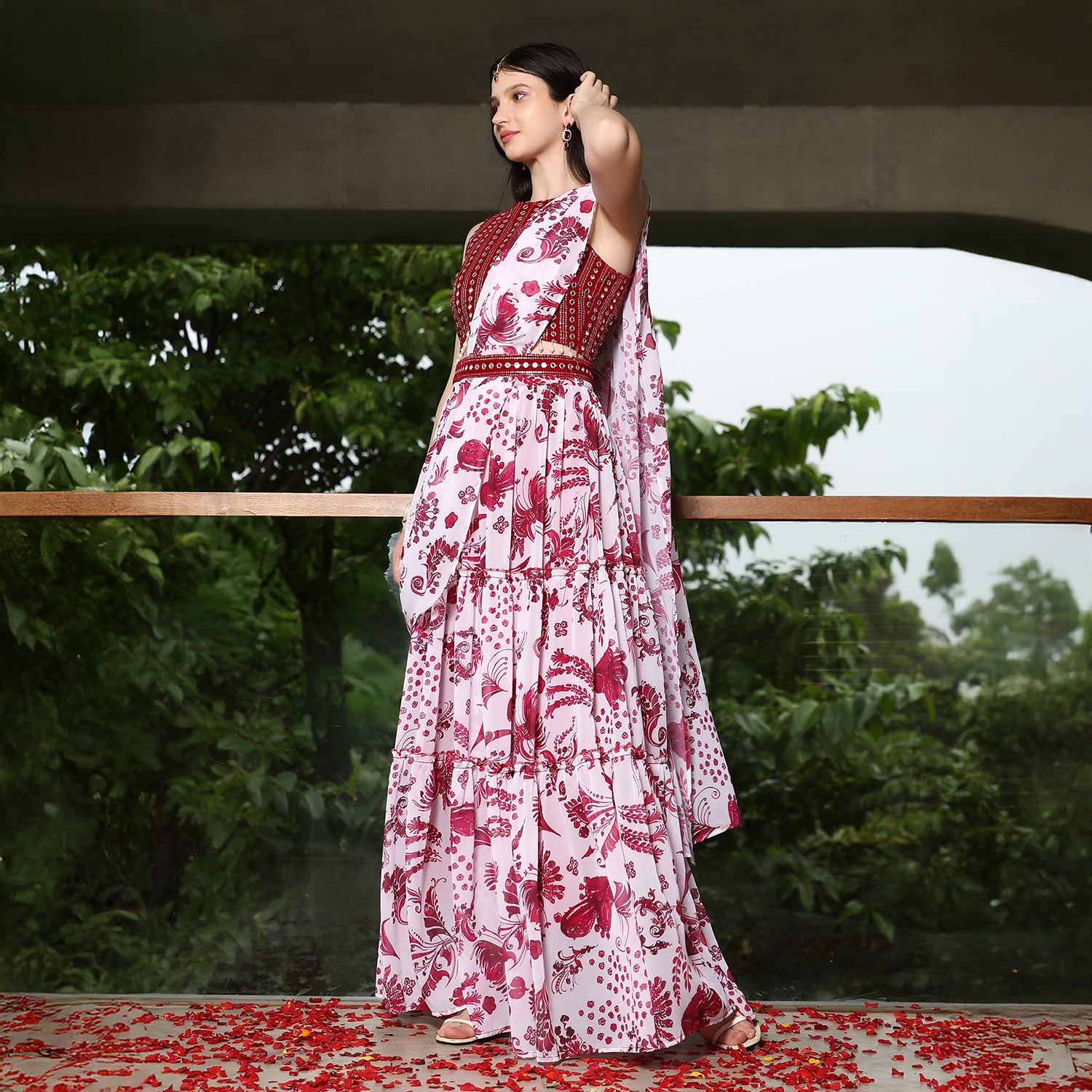 Botanical Mirror-Block Pre-Draped Saree