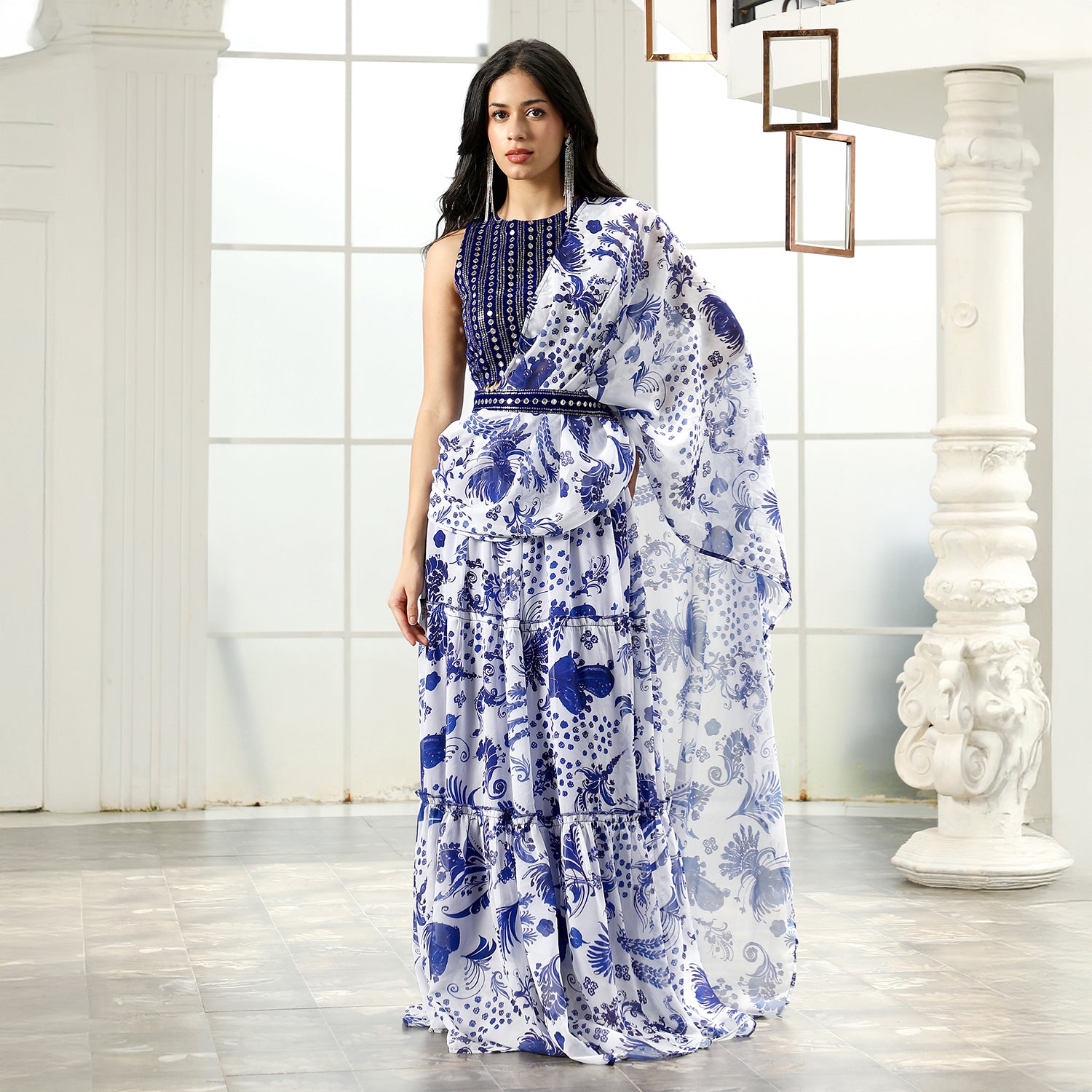 Botanical Mirror-Block Pre-Draped Saree