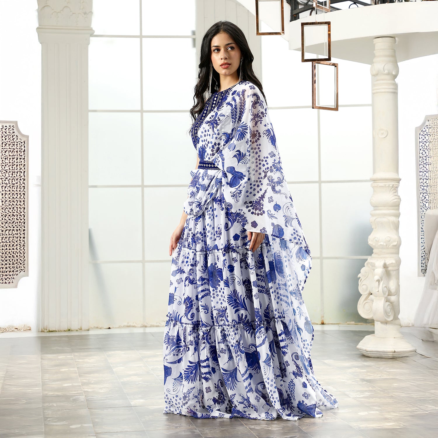Botanical Mirror-Block Pre-Draped Saree