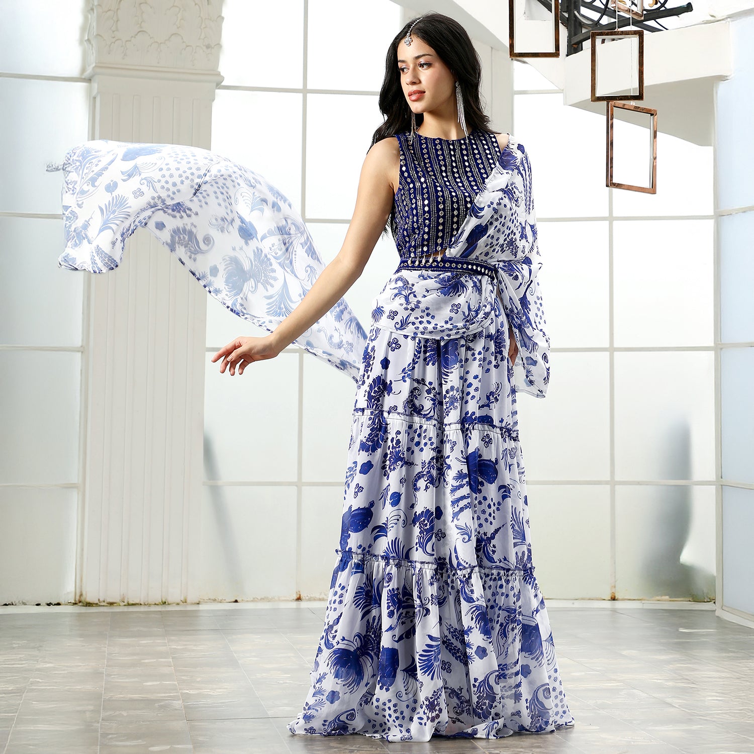 Botanical Mirror-Block Pre-Draped Saree