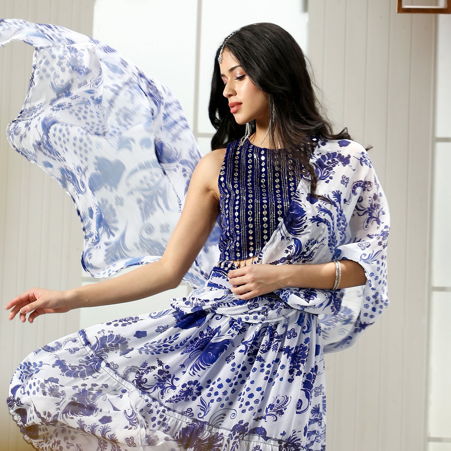 Botanical Mirror-Block Pre-Draped Saree