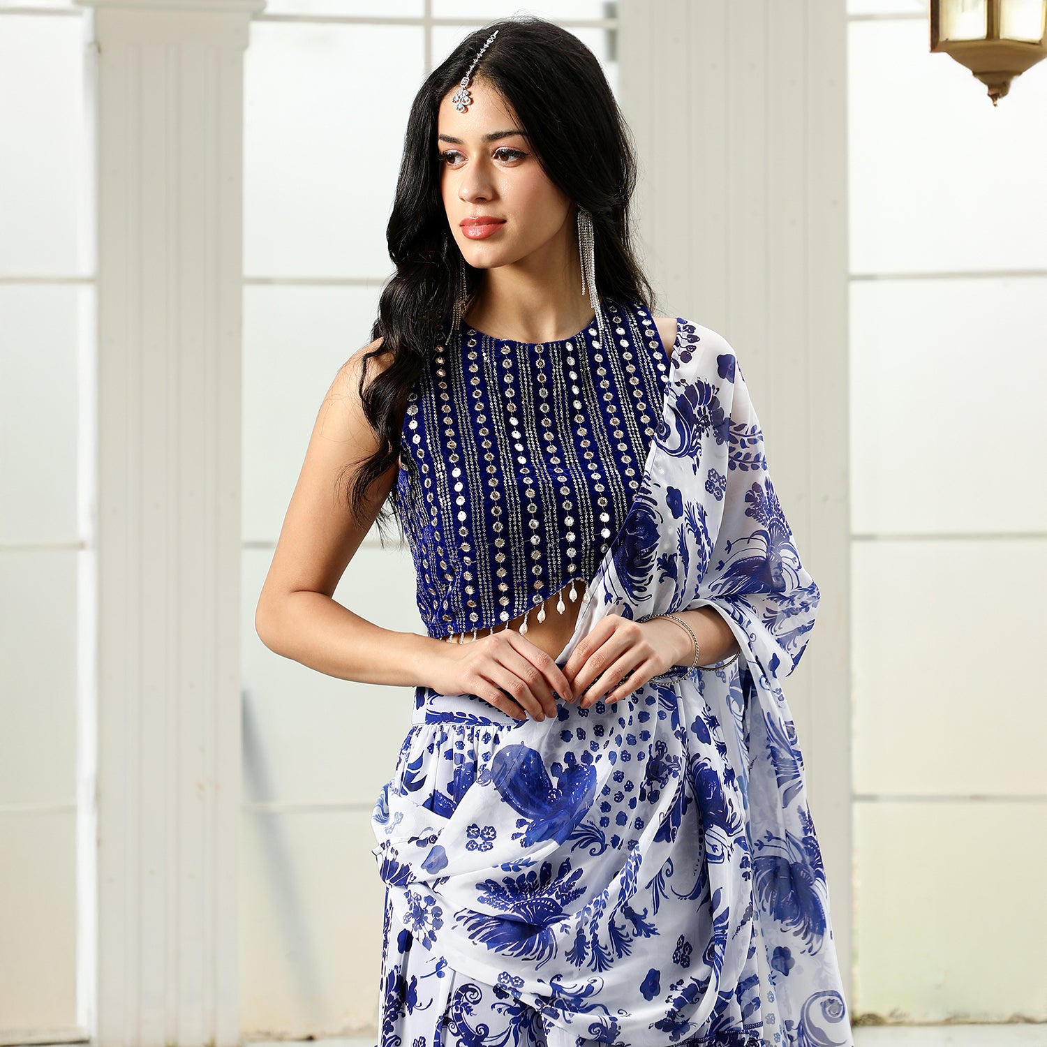 Botanical Mirror-Block Pre-Draped Saree