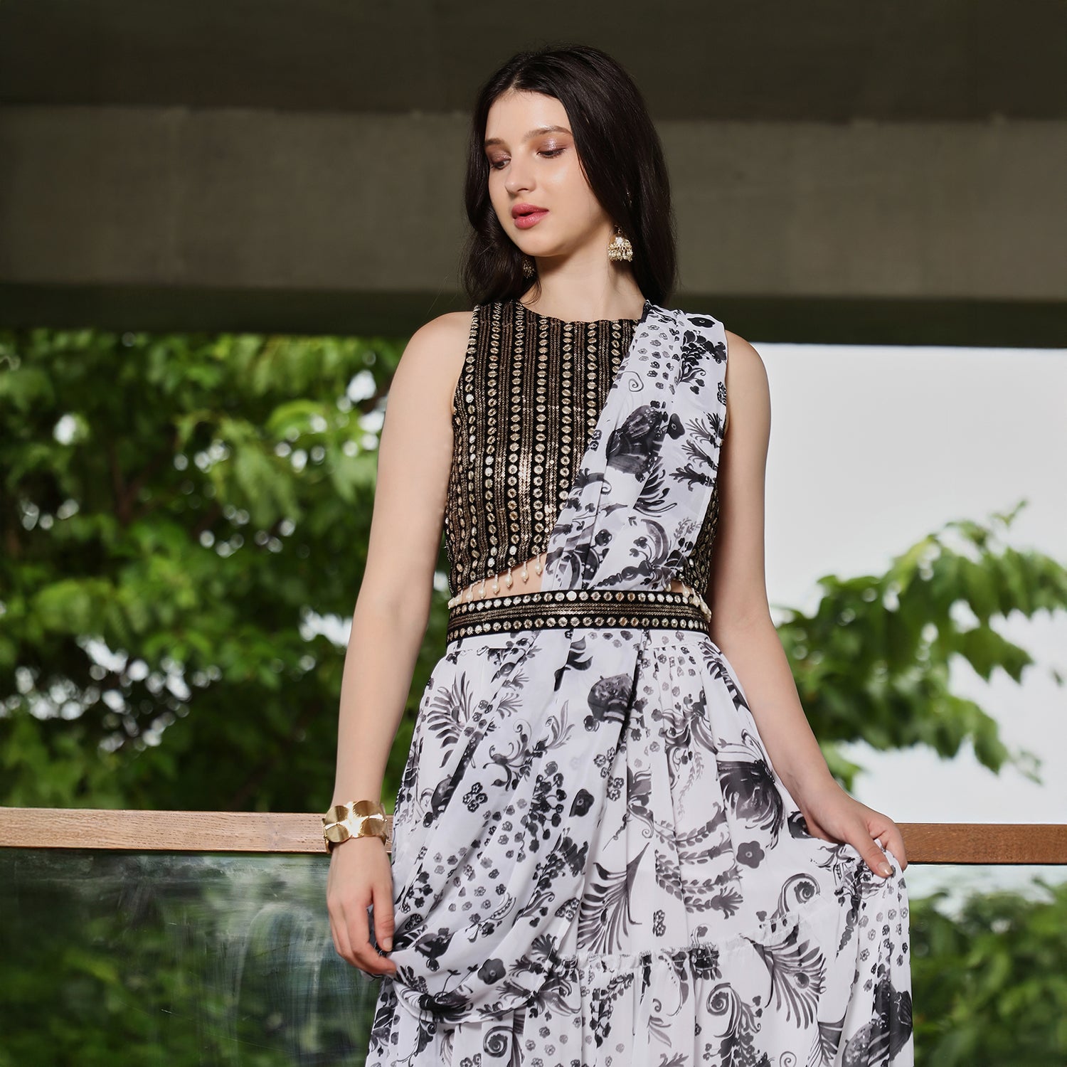 Botanical Mirror-Block Pre-Draped Saree