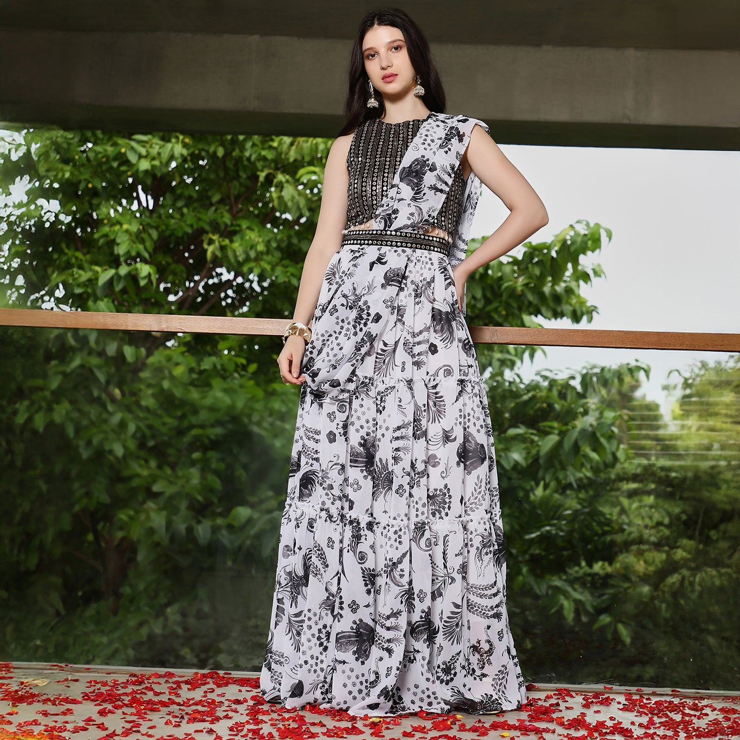 Botanical Mirror-Block Pre-Draped Saree