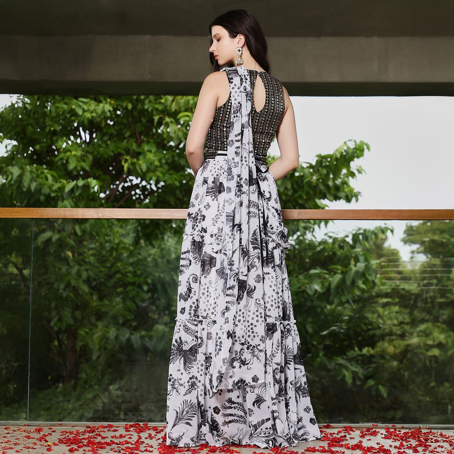 Botanical Mirror-Block Pre-Draped Saree
