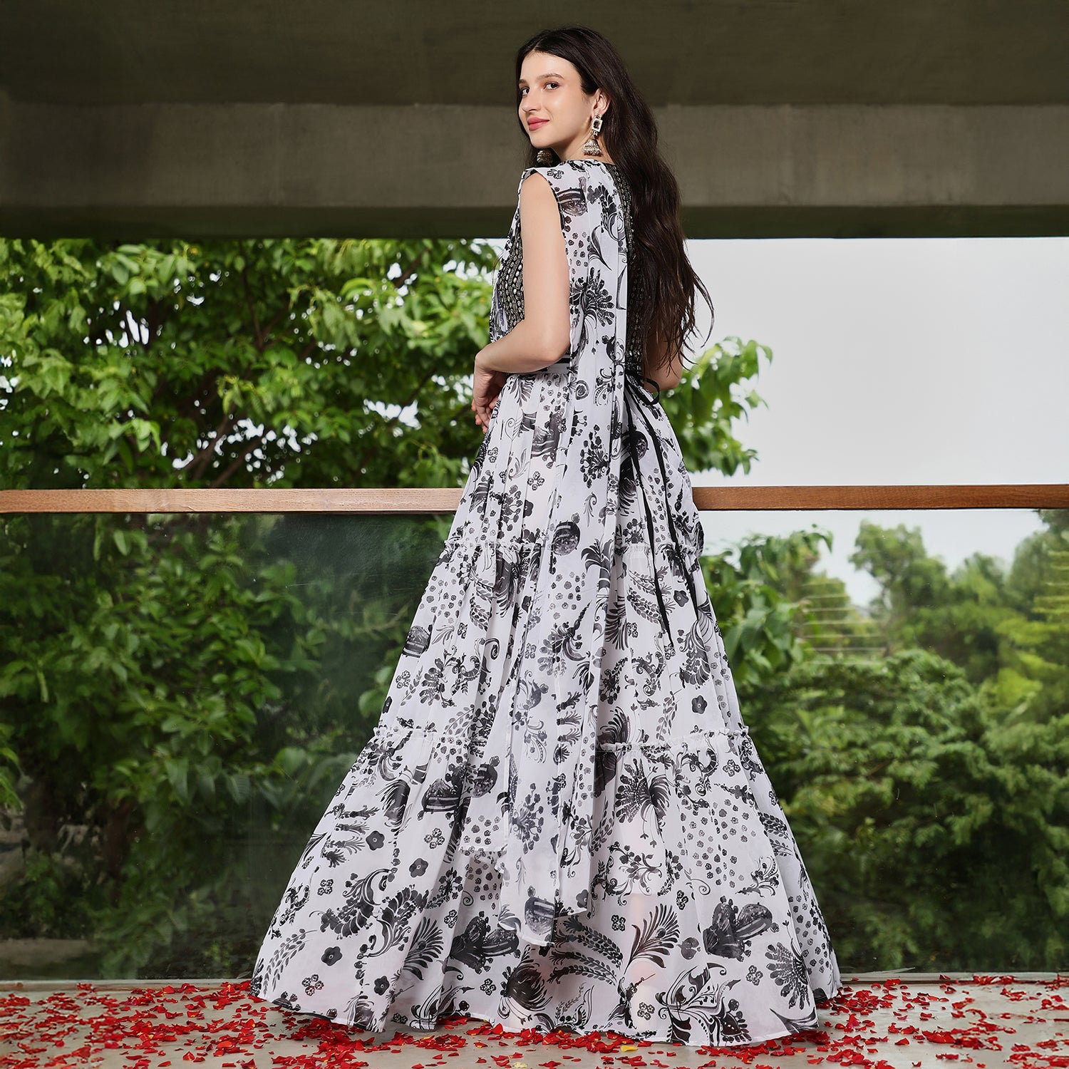 Botanical Mirror-Block Pre-Draped Saree