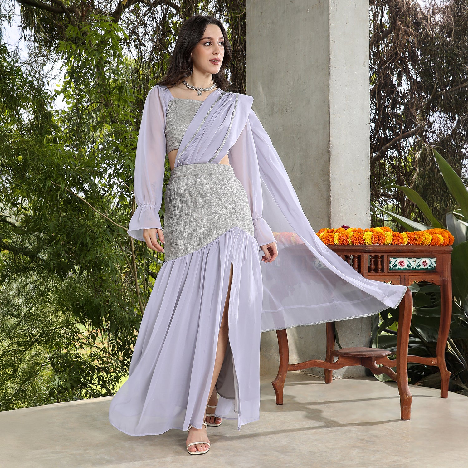 Textured-Block Pre-Draped Saree