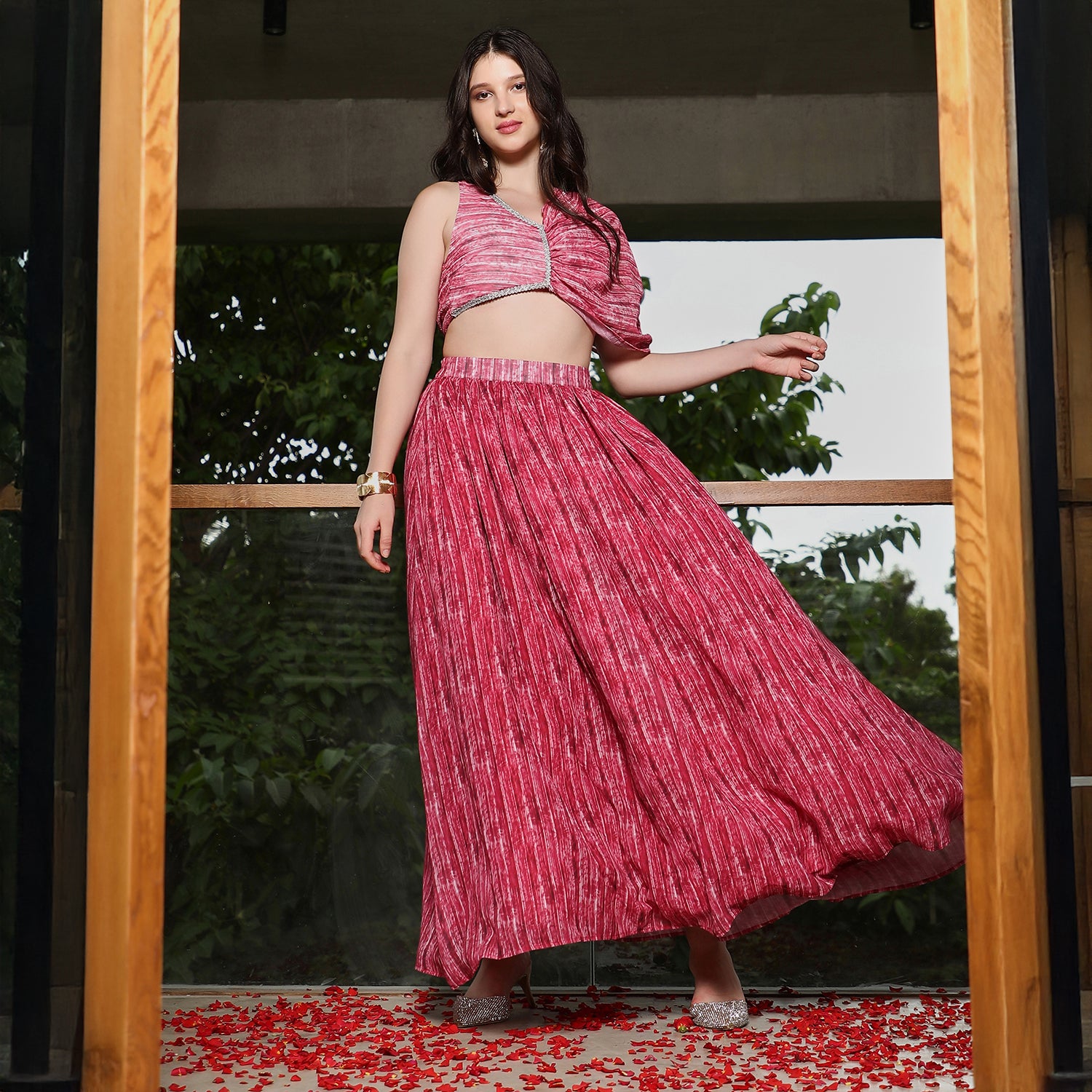 Ditsy-Pleated Asymmetrical-Drape Co-Ord Set