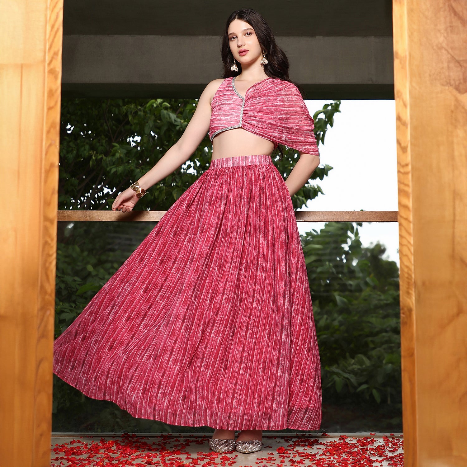 Ditsy-Pleated Asymmetrical-Drape Co-Ord Set