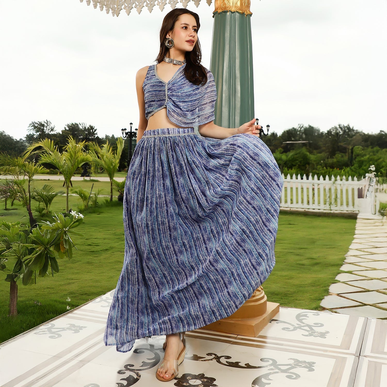 Ditsy-Pleated Asymmetrical-Drape Co-Ord Set