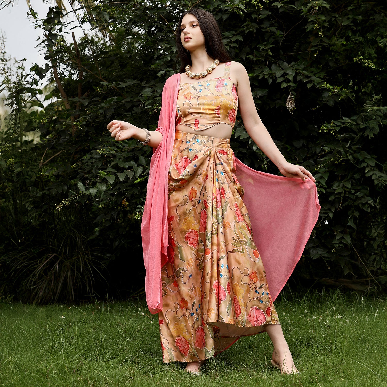 Botanical-Imprint Corset Co-ord Set