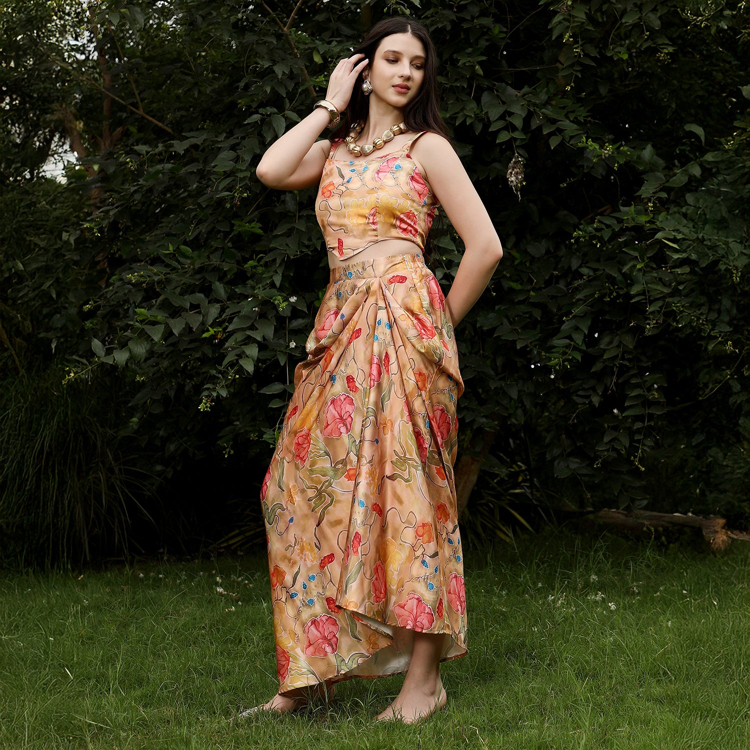 Botanical-Imprint Corset Co-ord Set