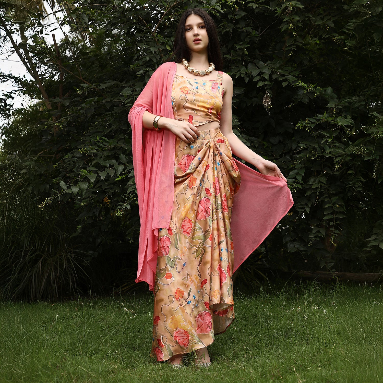 Botanical-Imprint Corset Co-ord Set