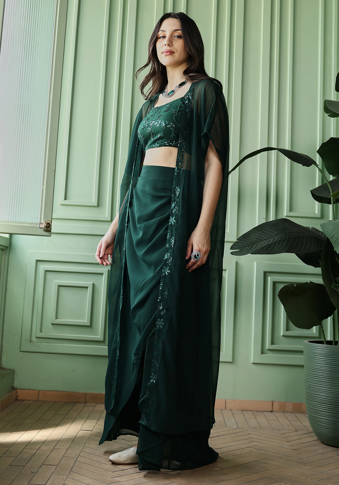 Floral-Embroidery Draped Co-Ord Set
