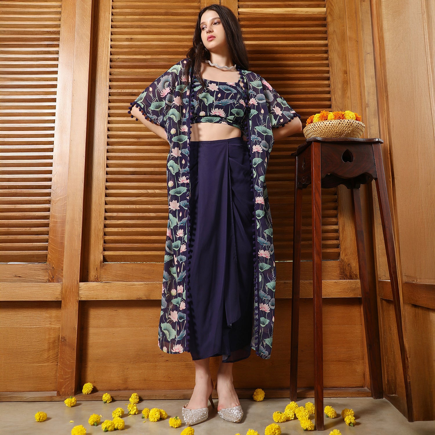 Flora-Imprint Draped Co-Ord Set