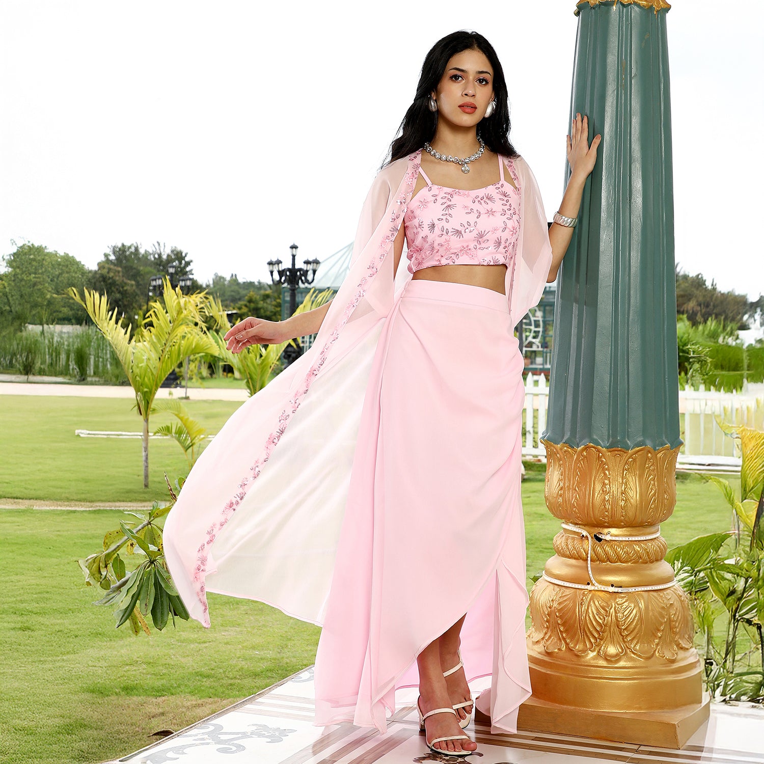 Floral-Embroidery Draped Co-Ord Set