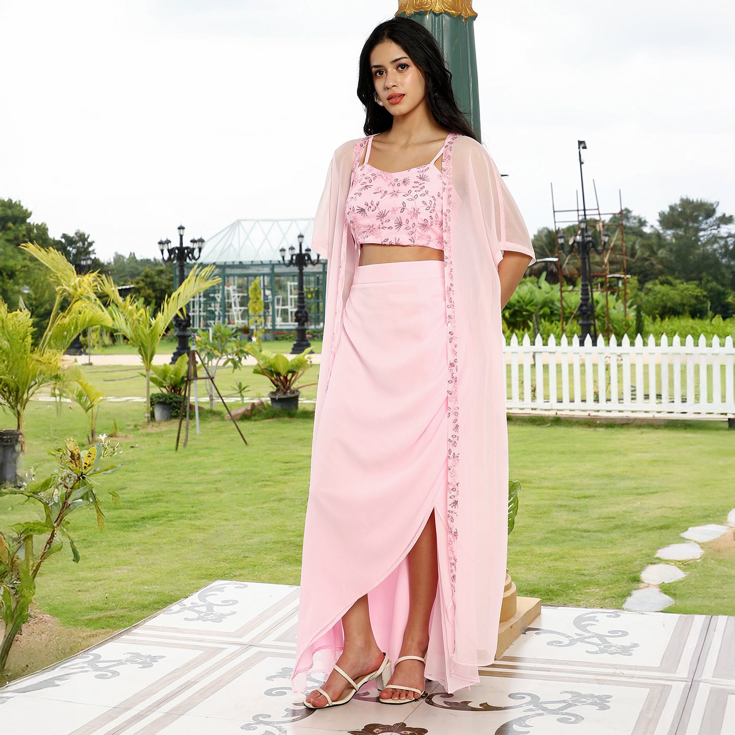 Floral-Embroidery Draped Co-Ord Set